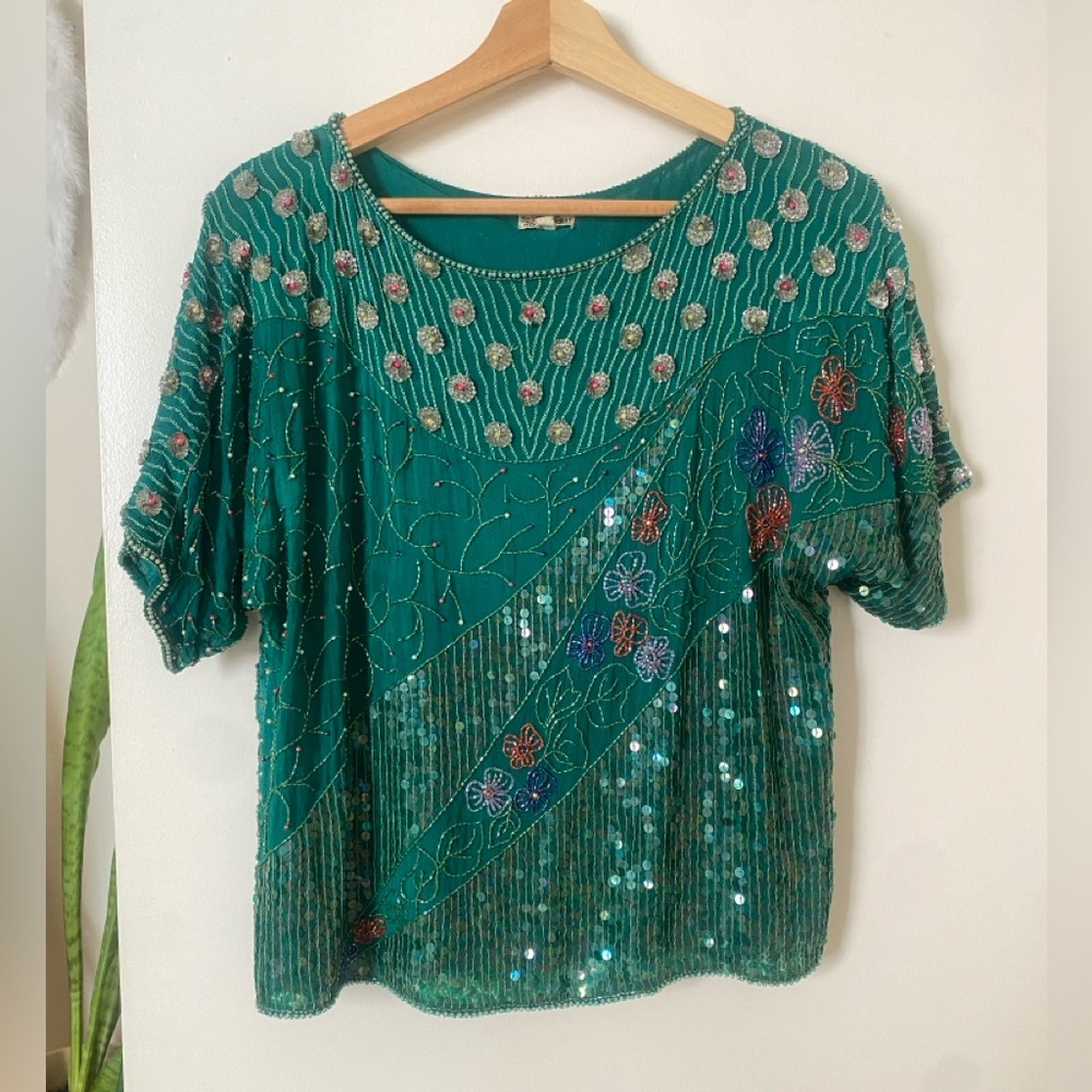 Vintage Emerald Silk Sequined Top